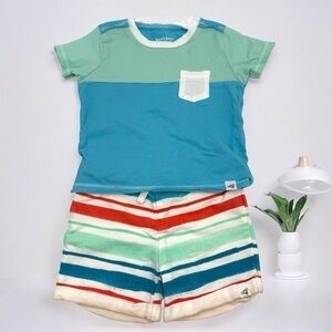 Burt's Bees Baby Teal and Green 2 piece Shirt and Stripe Shorts Set 6-9 Months